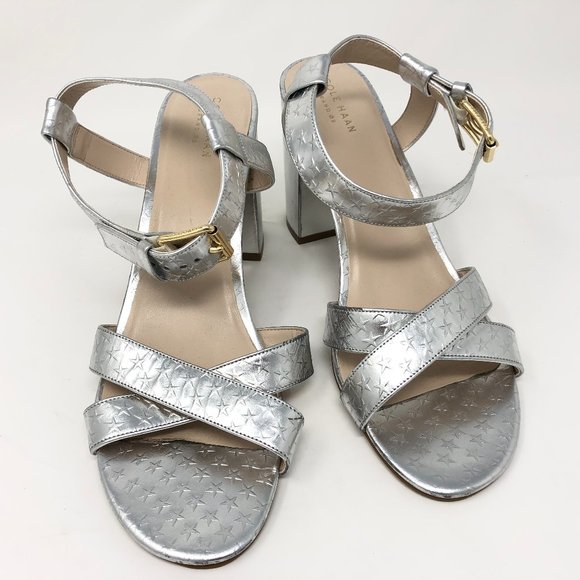 silver strappy block heel sandals